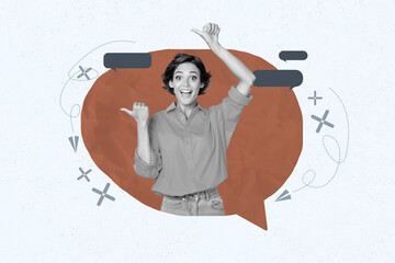 Creative pop collage of person point stand in speech bubble on red background