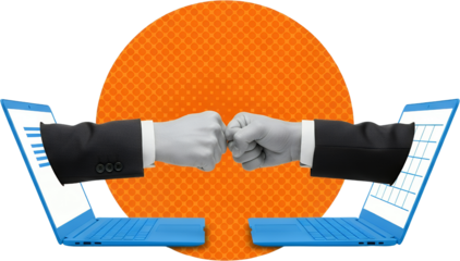 Two business hands in suits emerge from laptops fist bumping against a vibrant orange dot background symbolizing collaboration and connection collage art