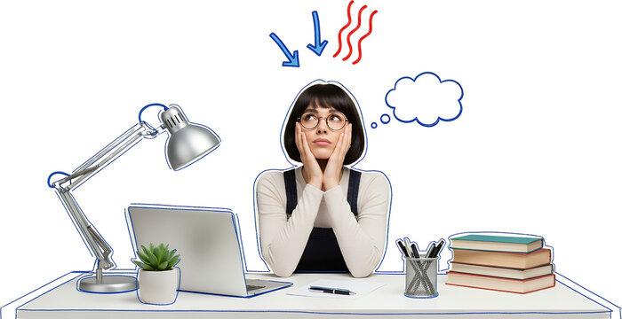 Young woman with hands on cheeks sits at a desk with laptop books plant and lamp looking thoughtful with animated thought bubble collage art Thinking Contemplation