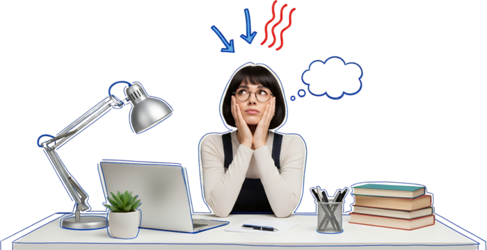 Young woman with hands on cheeks sits at a desk with laptop books plant and lamp looking thoughtful with animated thought bubble collage art Thinking Contemplation