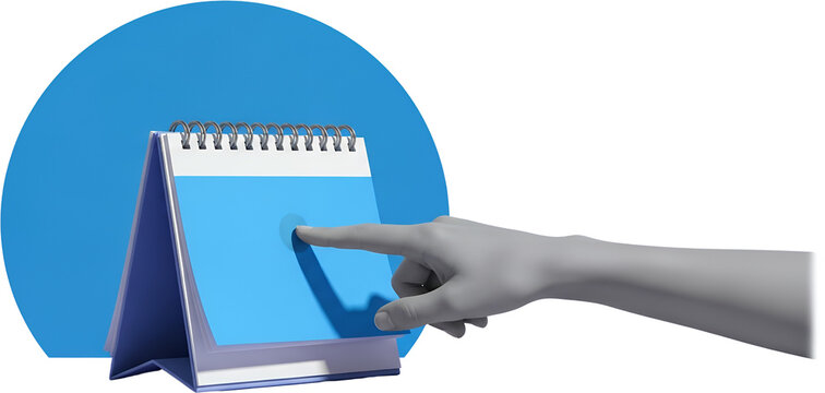 A gray hand with a finger extended to touch a blank blue desk calendar Calendar has a wire spiral binding and a blue circular background behind it collage