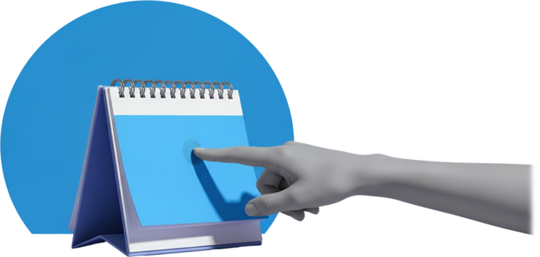 A gray hand with a finger extended to touch a blank blue desk calendar Calendar has a wire spiral binding and a blue circular background behind it collage