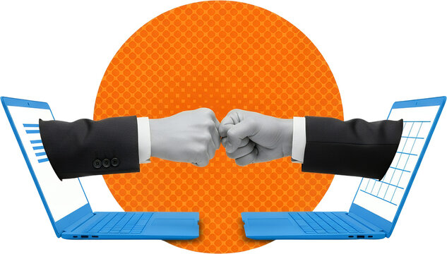 Two business hands in suits emerge from laptops fist bumping against a vibrant orange dot background symbolizing collaboration and connection collage art