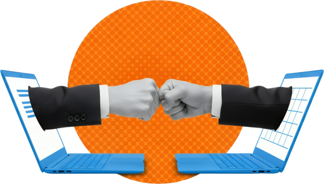 Two business hands in suits emerge from laptops fist bumping against a vibrant orange dot background symbolizing collaboration and connection collage art