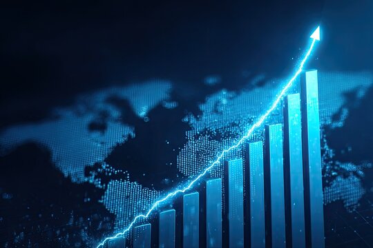 Digitally generated blue bar graph with an upward trending arrow over a world map