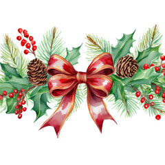 Watercolor drawing of a composition of fir branches, pine cones, holly, and red berries in a line, with a red Christmas ribbon, on a white background. Ideal illustration for seasonal artwork.