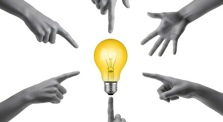 A glowing yellow lightbulb is illuminated in the center surrounded by multiple grey hands pointing inwards toward the object collage art idea innovation