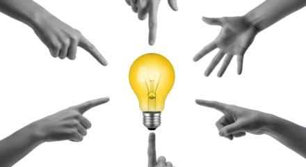 A glowing yellow lightbulb is illuminated in the center surrounded by multiple grey hands pointing inwards toward the object collage art idea innovation