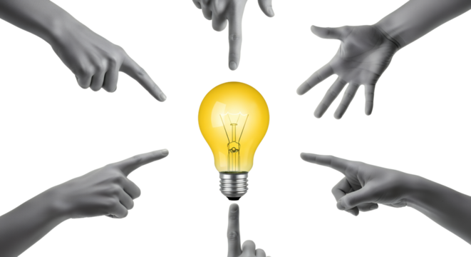 A glowing yellow lightbulb is illuminated in the center surrounded by multiple grey hands pointing inwards toward the object collage art idea innovation
