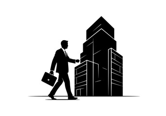 Executive businessman walking with briefcase towards a contemporary corporate building vector silhouette graphic