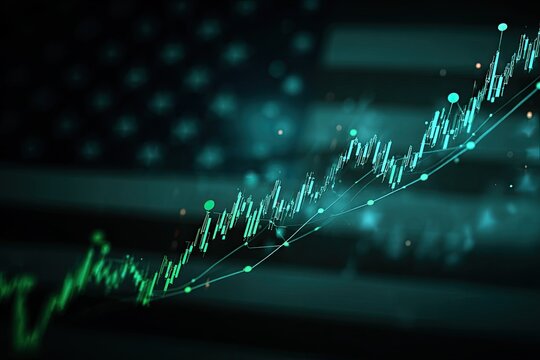 Rising green financial chart overlayed on a blurred image of the American flag