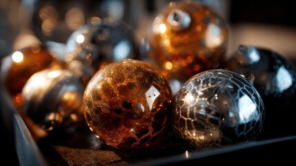 Christmas bauble evaluation station with glittering red and gold ornaments