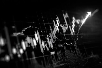 B&W financial chart; lines & bars show upward trend; graph illustrates growth and success