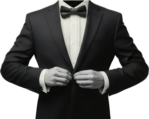 A person wearing a formal black tuxedo with a white shirt and black bow tie buttoning the jacket with both hands collage art suit formal wear mens fashion