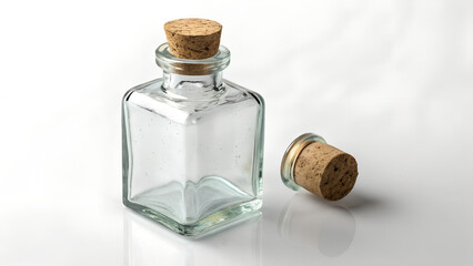 transparent glass bottle with cork isolated 
