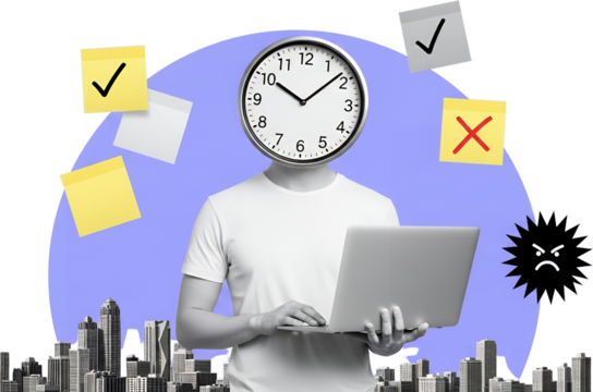 Person with clock for head working on laptop amidst sticky notes and city skyline collage art Cityscape Task Deadline Time Management Business Productivity