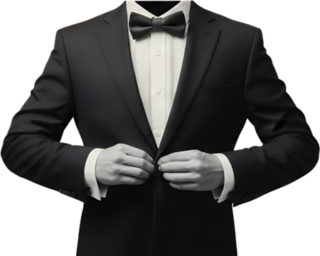 A person wearing a formal black tuxedo with a white shirt and black bow tie buttoning the jacket with both hands collage art suit formal wear mens fashion