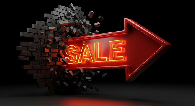 Sale promotion brick wall arrow neon sign discount advertising