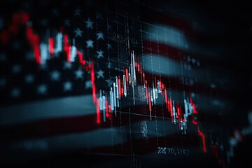 Graphing downward financial trends, overlaid over the blurred silhouette of an American flag