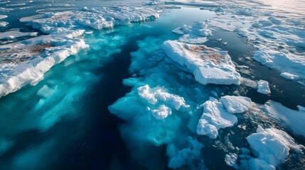 Aerial view of melting polar ice floes in bright blue Arctic ocean water
