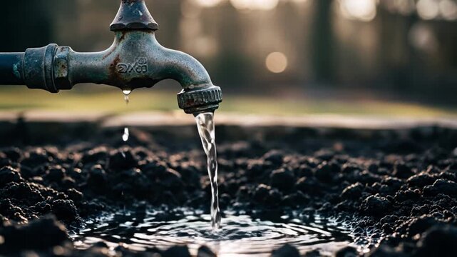 Simple dripping faucet in the soil, a gentle flow of water nurturing the earth