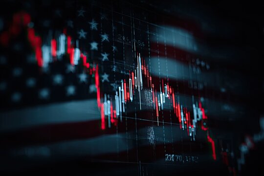 Graphing downward financial trends, overlaid over the blurred silhouette of an American flag - Powered by Adobe