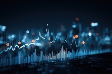Data visualization overlaying a city skyline at night, showcasing financial trends