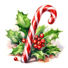 Watercolor christmas red and white candy cane, and holly on a white background