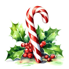 Watercolor christmas red and white candy cane, and holly on a white background