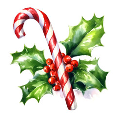 Watercolor christmas red and white candy cane, and holly on a white background