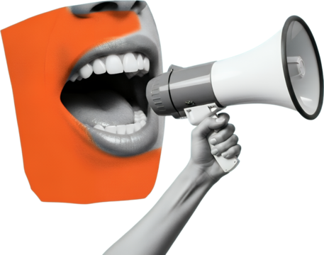 Close up of a human mouth shouting into a megaphone with orange facial paint and a hand holding the speaker collage art Voice Communication Announcement