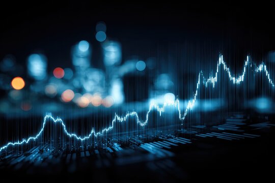 Financial data visualization with overlaid line graph and blurred cityscape background
