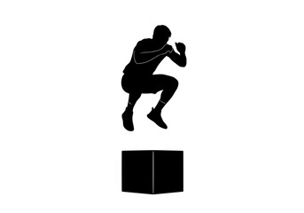 Male athlete performing a powerful box jump exercise vector silhouette for fitness and sports training