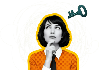 Woman With Dark Bob Haircut And Orange Polka Dot Shirt Looking Up At A Dark Green Key Amidst Scribbled Lines On A Transparent Background Collage Art Thinking