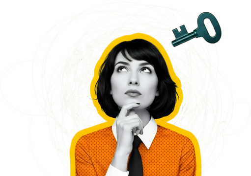 Woman With Dark Bob Haircut And Orange Polka Dot Shirt Looking Up At A Dark Green Key Amidst Scribbled Lines On A Transparent Background Collage Art Thinking