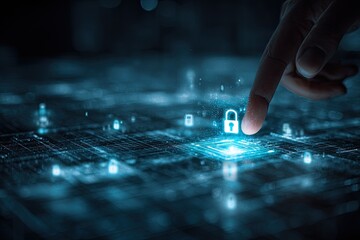A finger touches a glowing lock symbol on a digital circuit board, symbolizing security