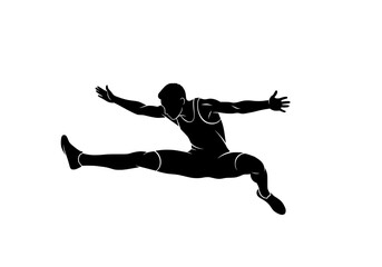 Fototapeta premium Male long jumper vector silhouette in mid air performing a powerful athletic broad jump action isolated on white
