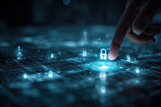 A finger touches a glowing lock symbol on a digital circuit board, symbolizing security