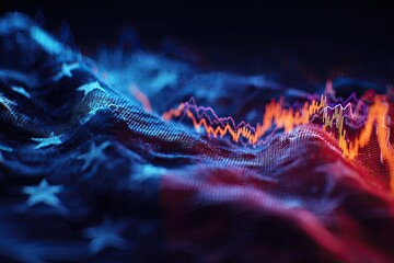 Digital rendering with flowing, wavy textures in shades of blue, orange, and red, evoking graphs and stars