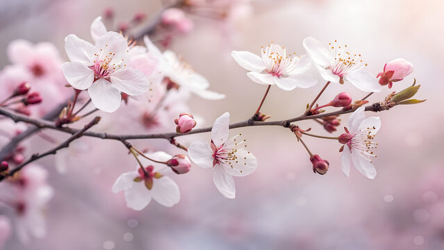 dreamy background with close up of white and pink flowers of sakura or plum tree