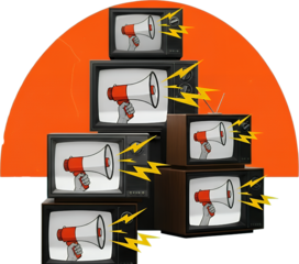 Multiple vintage televisions display hands holding red and white megaphones with yellow lightning bolts emanating outwards set against an orange background
