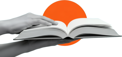 A hand holding open a blank white book with an orange circle shape behind it and a shadow reflection below collage art reading knowledge learning education