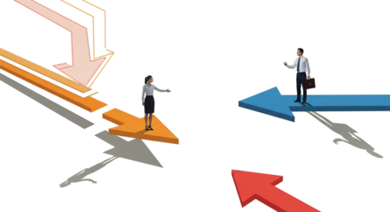 Business people standing on directional arrows one pointing left the other right symbolizing choices paths and decisions collage art strategy forward movement