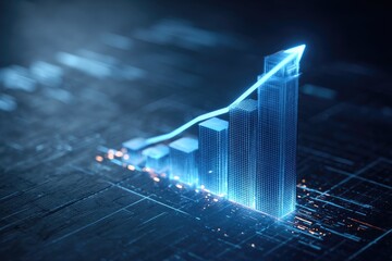 Glowing 3D graph shows upward trend, blue neon bars and a light trail arrow pointing upwards