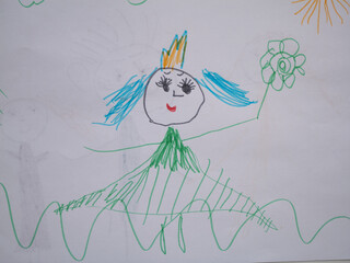 Colorful childlike drawing of a smiling girl with blue hair and a crown, holding a flower, surrounded by sun and whimsical elements, showcasing creativity and innocence