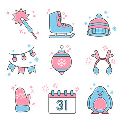Christmas icon set. Color red and blue. Sparkler, skates, cap, ightbulb, toy, mitten, calendar, penguin.  A collection of high-quality holiday pictograms in a modern flat style. Vector illustration