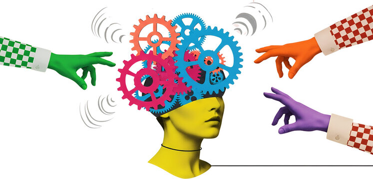 A surreal illustration depicts a yellow stylized head with colorful gears on top surrounded by hands in green orange and purple reaching towards it with sound wave graphics - Powered by Adobe