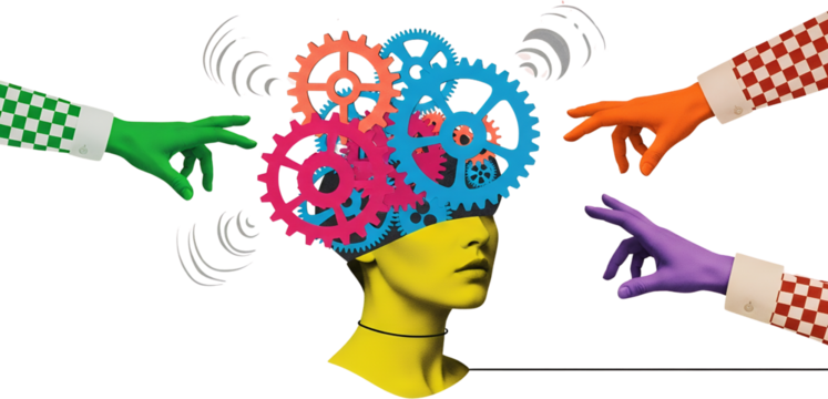 A surreal illustration depicts a yellow stylized head with colorful gears on top surrounded by hands in green orange and purple reaching towards it with sound wave graphics