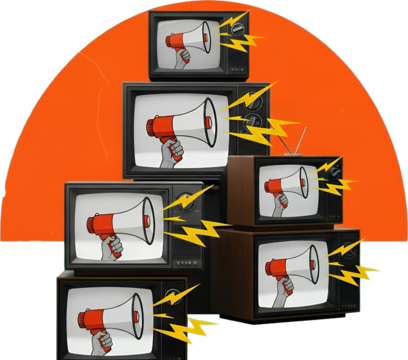 Multiple vintage televisions display hands holding red and white megaphones with yellow lightning bolts emanating outwards set against an orange background