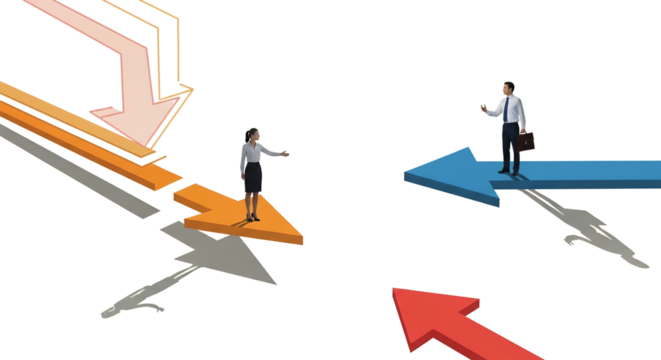 Business people standing on directional arrows one pointing left the other right symbolizing choices paths and decisions collage art strategy forward movement